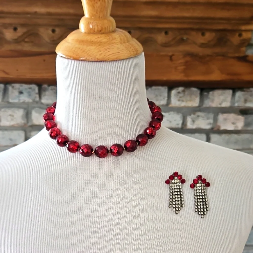 Vintage Red Beaded Necklace and Earring Set - Picture 1 of 7